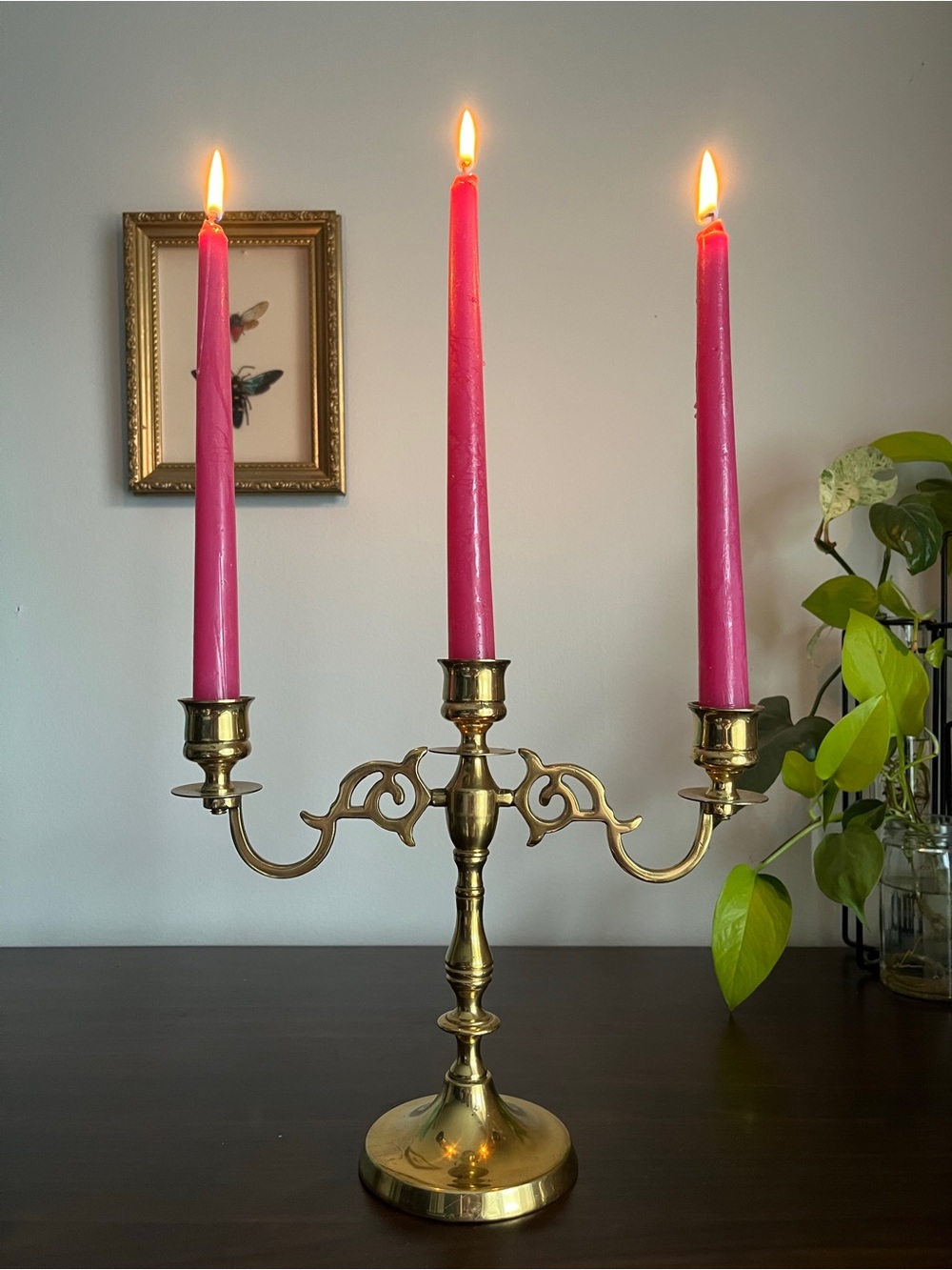 Vintage three-armed brass candelabra. English Victorian Style Candle holder.